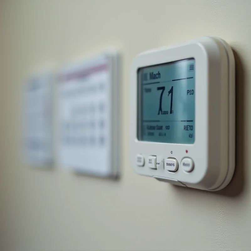 A close-up of a home thermostat set to a comfortable temperature, with a calendar in the background showing the month of March