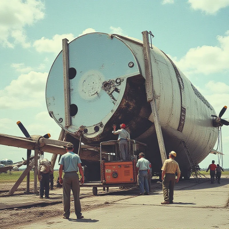 A gigantic 1950s hard drive being loaded onto a plane.