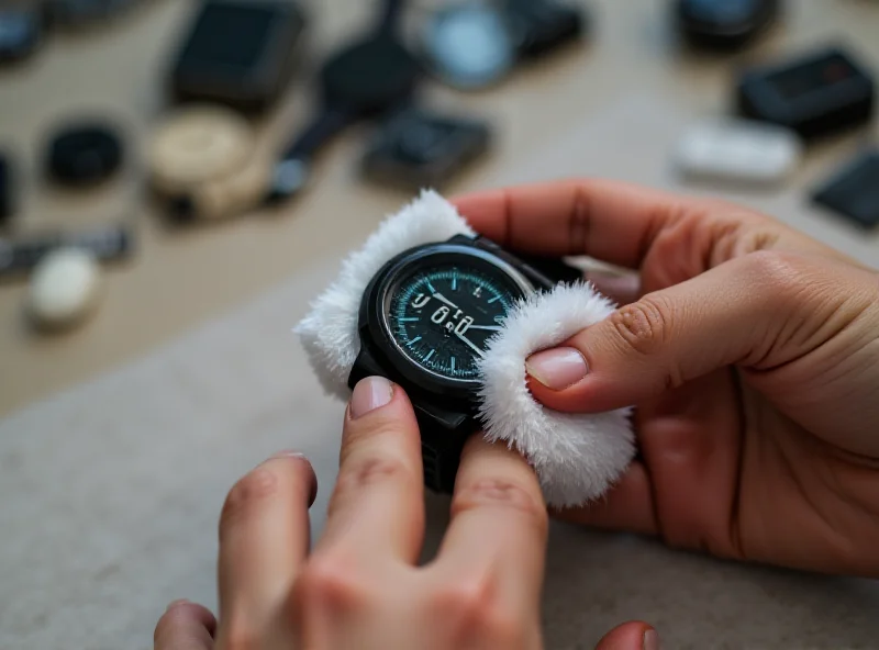 A close-up of a person cleaning a smartwatch with a soft cloth, showing the watch face and band.