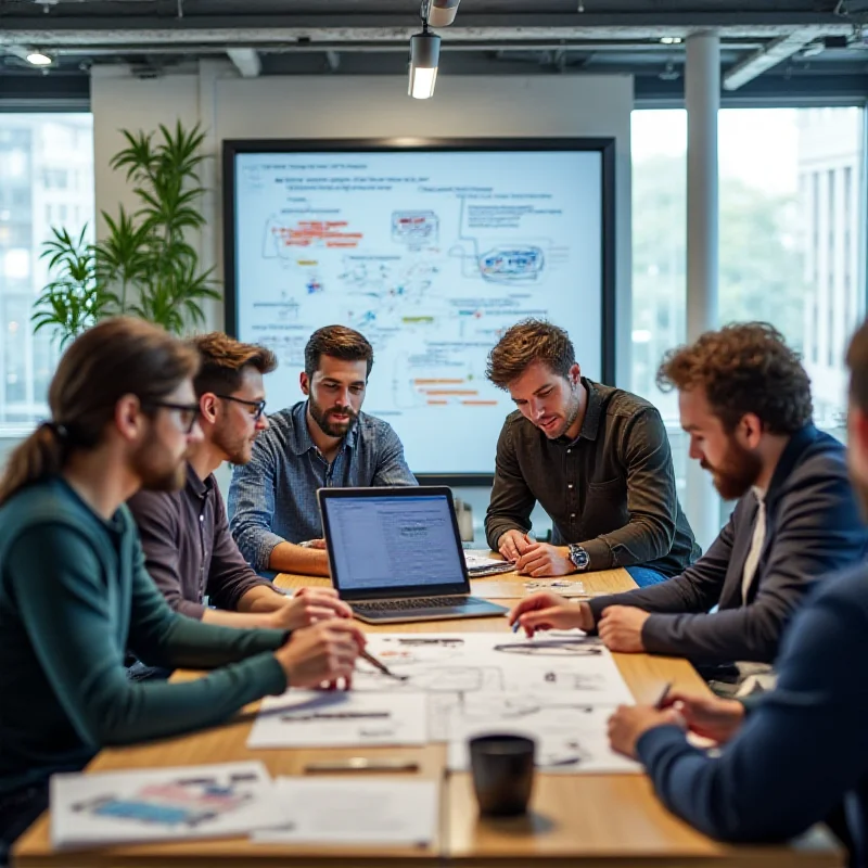 A diverse group of young software engineers collaborating on code at a modern office, emphasizing the importance of teamwork and foundational skills in the tech industry.