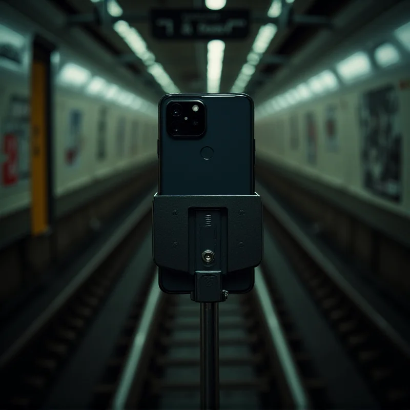 A Google Pixel phone strapped to the interior of a New York City subway car, facing the tracks.