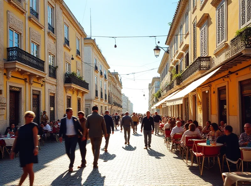 A vibrant street scene in Lisbon, Portugal, with modern buildings and traditional architecture blending together.