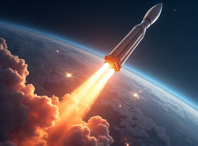 Illustration of the Ariane 6 rocket launching into space, with Earth visible in the background.