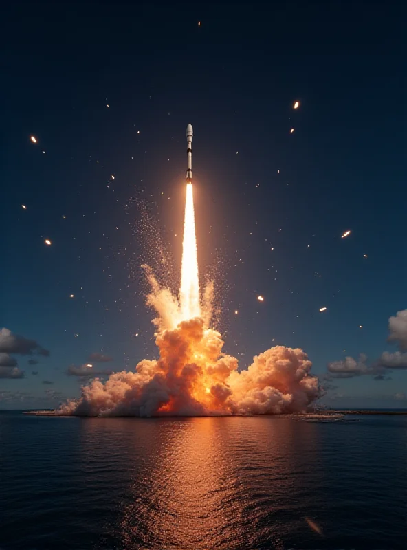 A SpaceX Starship rocket exploding in the upper atmosphere, with debris scattered against a dark blue sky.