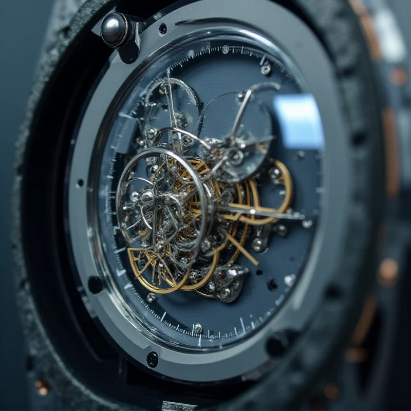 Close up of a highly precise atomic clock with intricate internal mechanisms visible. The clock is housed in a modern, minimalist casing.