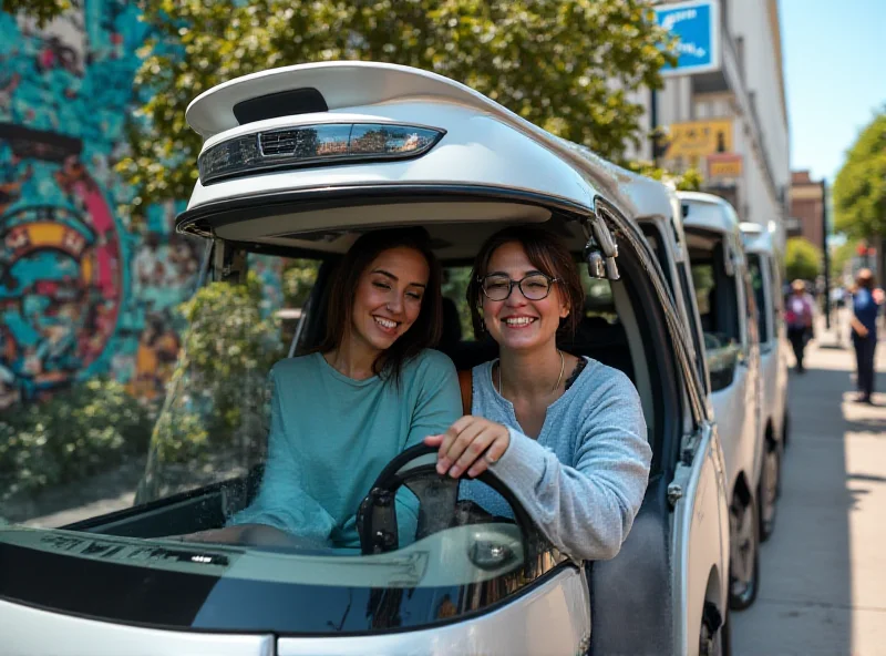 Exterior shot of a Waymo robotaxi in Austin, Texas, picking up passengers in front of a vibrant mural. The car is clean and modern, and the passengers are smiling and excited to try the new service.