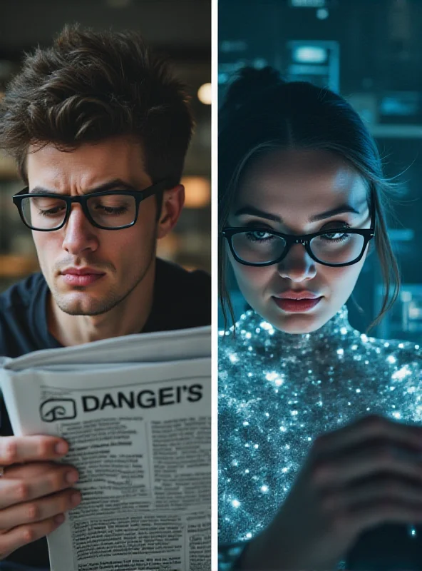 A split image. On the left, a concerned-looking person is reading a newspaper with the headline 'AI Dangers.' On the right, a futuristic AI avatar is smiling confidently, with text overlaying that reads 'AI Will Democratize Storytelling.'