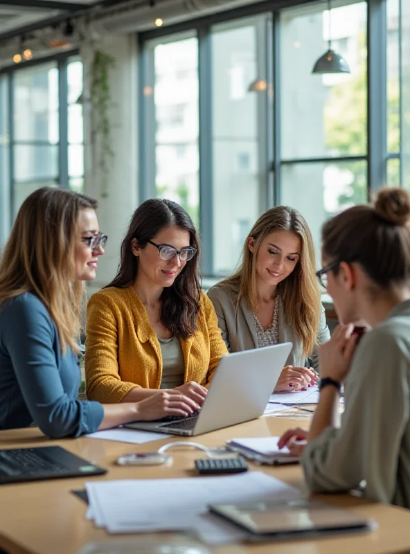 A group of diverse women collaborating in a tech office