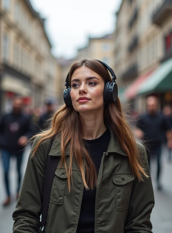 Person wearing noise-canceling headphones in a busy city environment