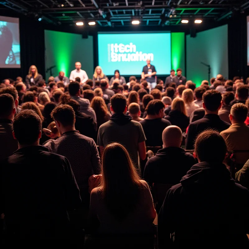 A vibrant crowd attending a TechCrunch Sessions event, with speakers on stage and attendees actively engaged in discussions.