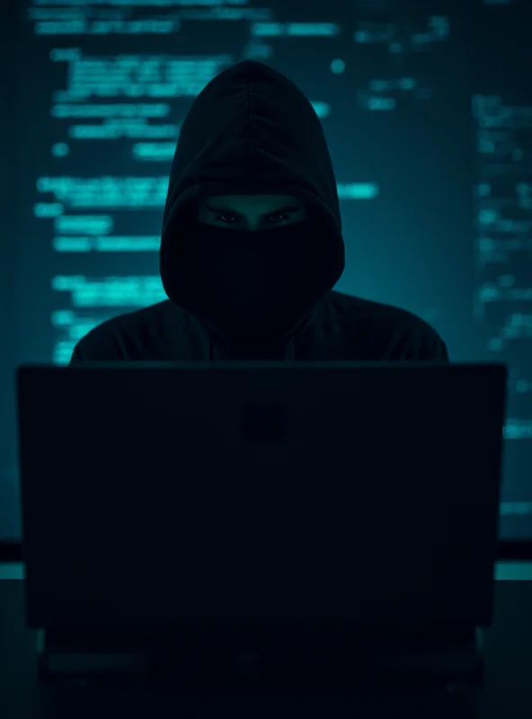 Image of a hooded hacker sitting at a computer in a dark room, surrounded by lines of code, representing the threat of cybercrime.