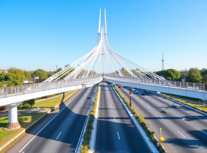 A wide shot of the Manterola footbridge over the M-30 highway in Madrid, showing the new white tie rods and anti-vertigo railings during the rehabilitation project.