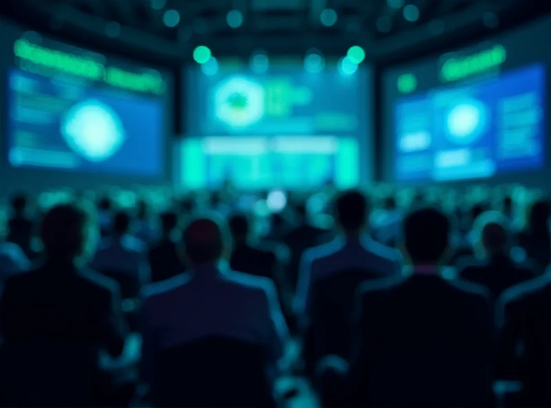 A blurred image of a conference stage with people and screens displaying AI-related graphics.