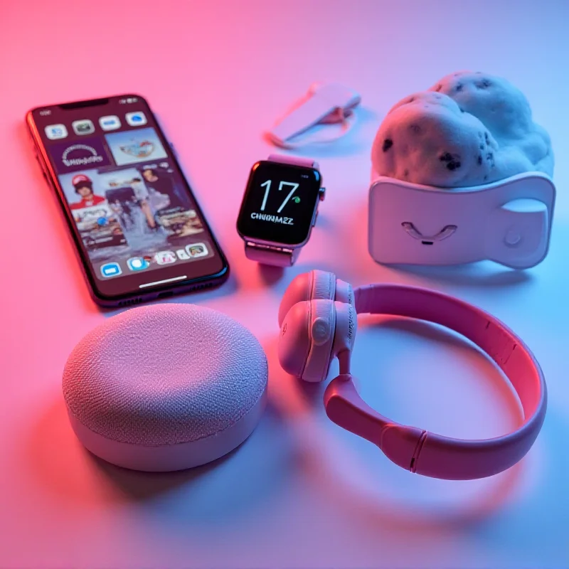 Collage of various tech gadgets including a smartphone, smart watch, wireless headphones, and a smart home device.