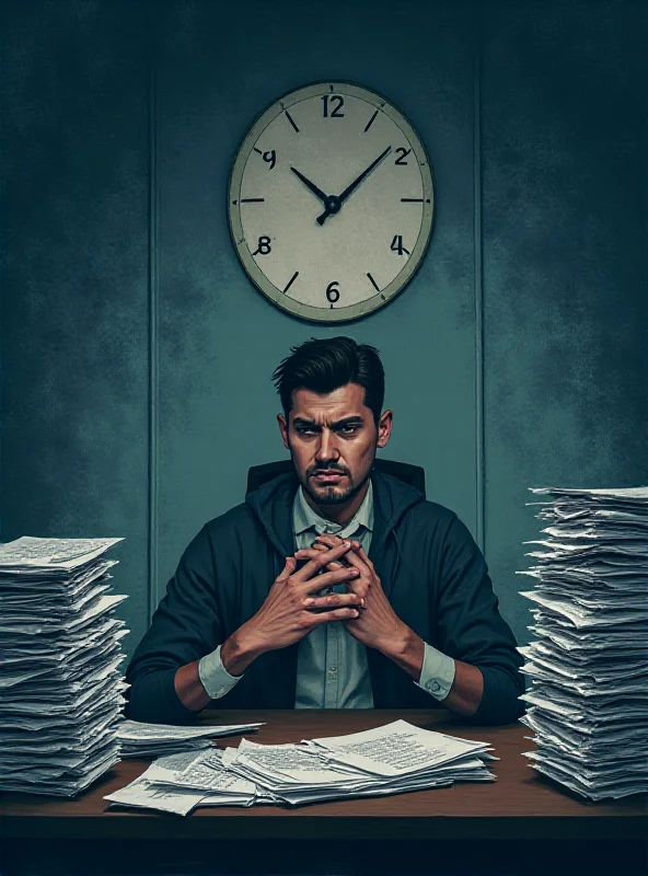 Illustration of a person looking stressed and overwhelmed at their desk with a clock showing late hours