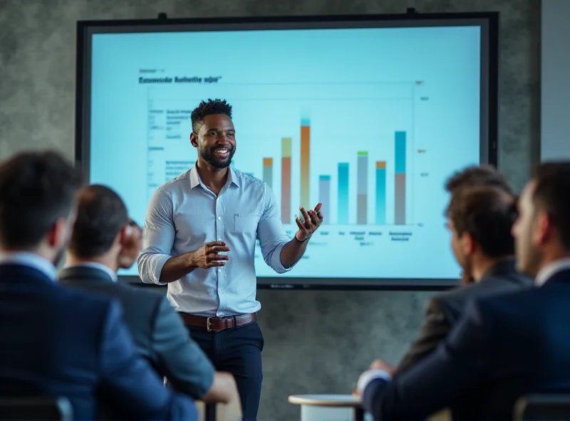 A young entrepreneur giving a presentation to a group of investors, looking confident and passionate