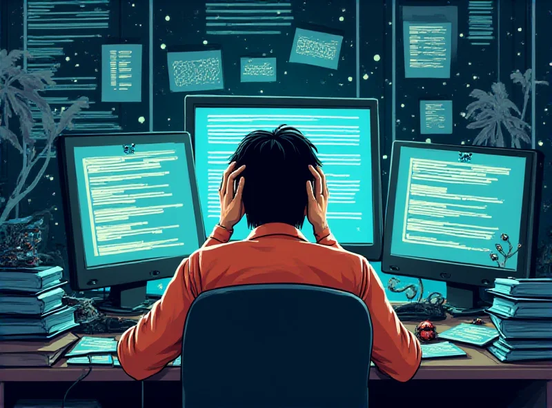 Illustration of a stressed IT worker sitting at a computer surrounded by deadlines and overflowing tasks.