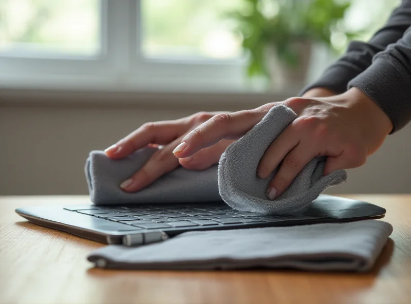 Person gently cleaning a laptop screen with a microfiber cloth.