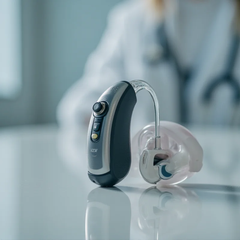 Close-up image of a modern hearing aid device, possibly Starkey or Signia brand, showcasing its sleek design and advanced technology.