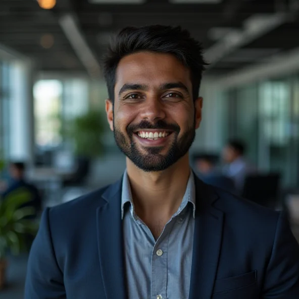 Professional headshot of Divyanshu Abhichandani, a software engineer, smiling confidently, with a blurred background representing a tech office environment.