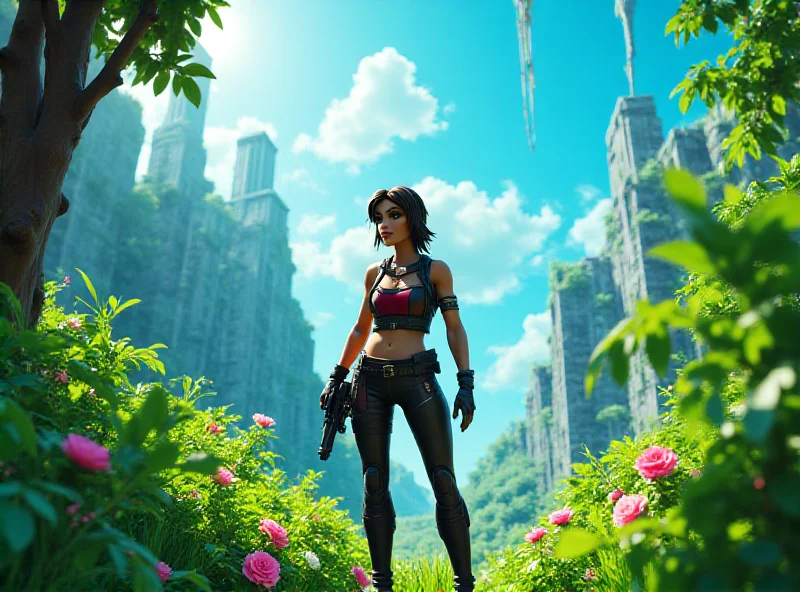 Fortnite character standing in a vibrant, colorful game environment.