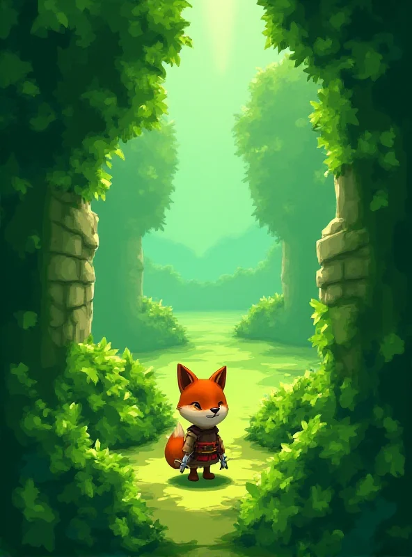 Still from the game Tunic, showing a small fox-like character exploring a green and lush environment.