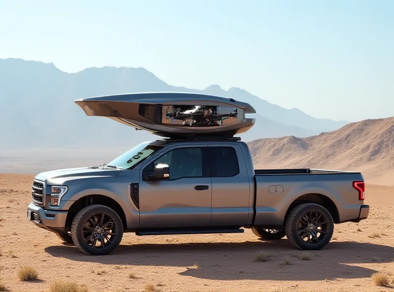 A sleek, futuristic DJI Dock 3 drone station sitting on the back of a pickup truck in a desert landscape.