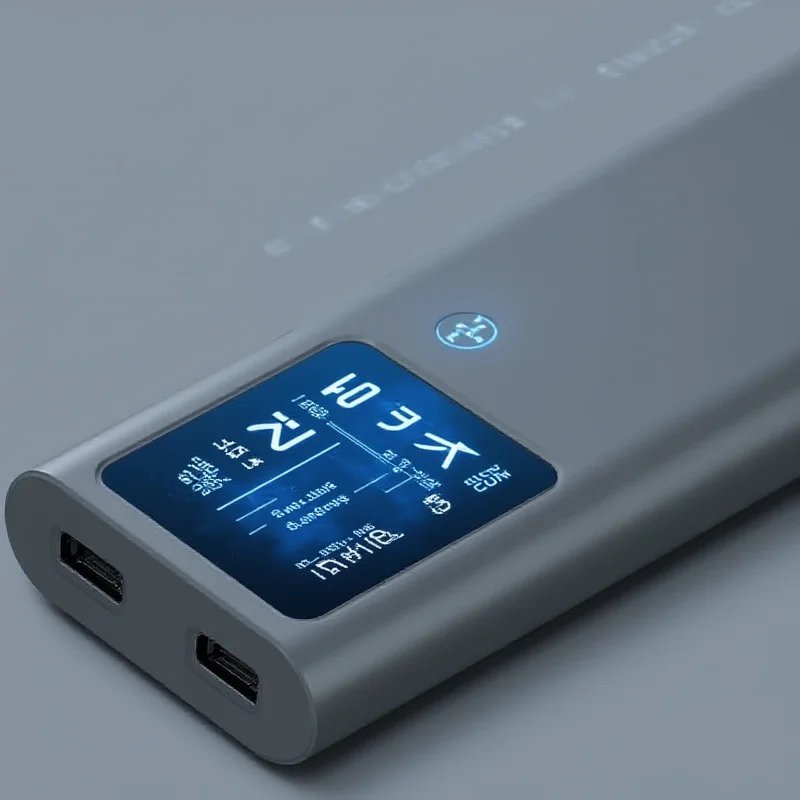 Close-up of the EcoFlow Rapid 10K Magnetic Power Bank's smart TFT display, showing detailed battery information and charging statistics. The display is bright and clear, set against the power bank's sleek gray body, emphasizing its advanced features and user-friendly interface.