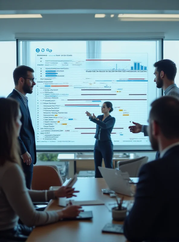 A project manager pointing to a digital dashboard with project timelines and tasks, surrounded by team members in a modern office setting.