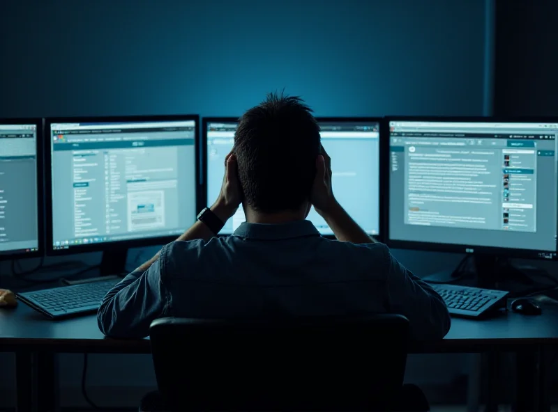 A person sitting at a desk surrounded by multiple monitors overflowing with browser tabs, with a stressed expression on their face.