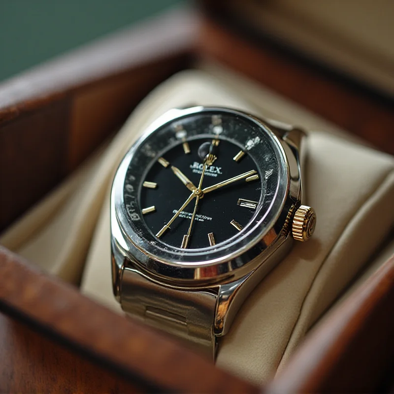 A close-up shot of a Rolex watch inside a sleek, modern watch winder, highlighting the intricate details of the watch mechanism.