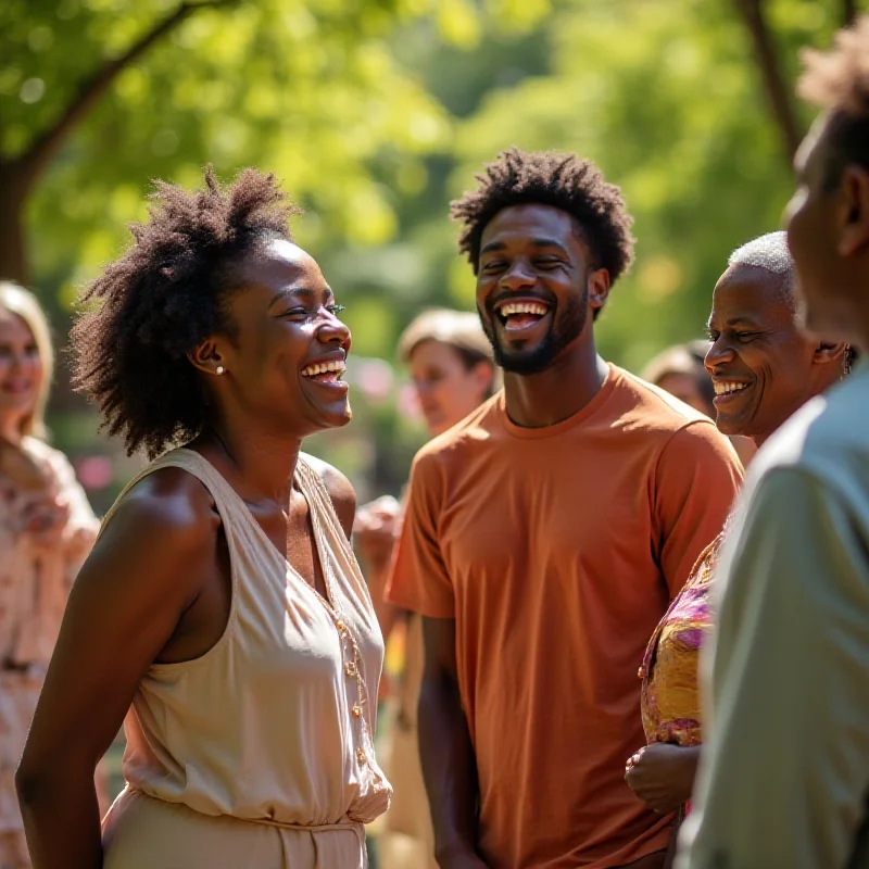 A diverse group of people laughing and interacting with each other in a park setting, showcasing the concept of real-life friendships.