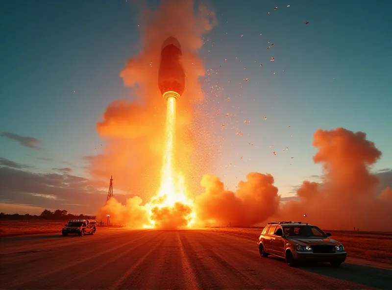 A dramatic image of a SpaceX Starship rocket exploding mid-air during a test flight, with debris scattering and smoke billowing.