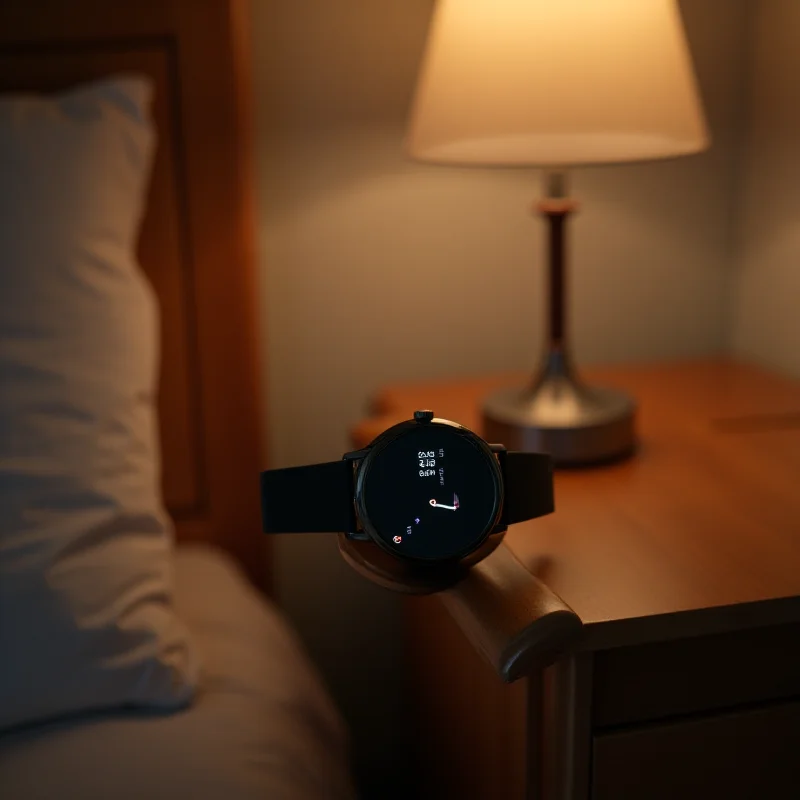 A close-up of a Pixel Watch 2 on a bedside table, displaying a sleep mode icon and a partially charged battery.