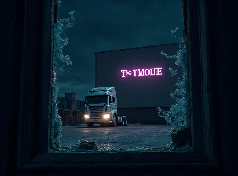 A nighttime scene depicting a warehouse with a broken window and a moving truck in the background, symbolizing a theft. The T-Mobile logo is faintly visible on the warehouse.