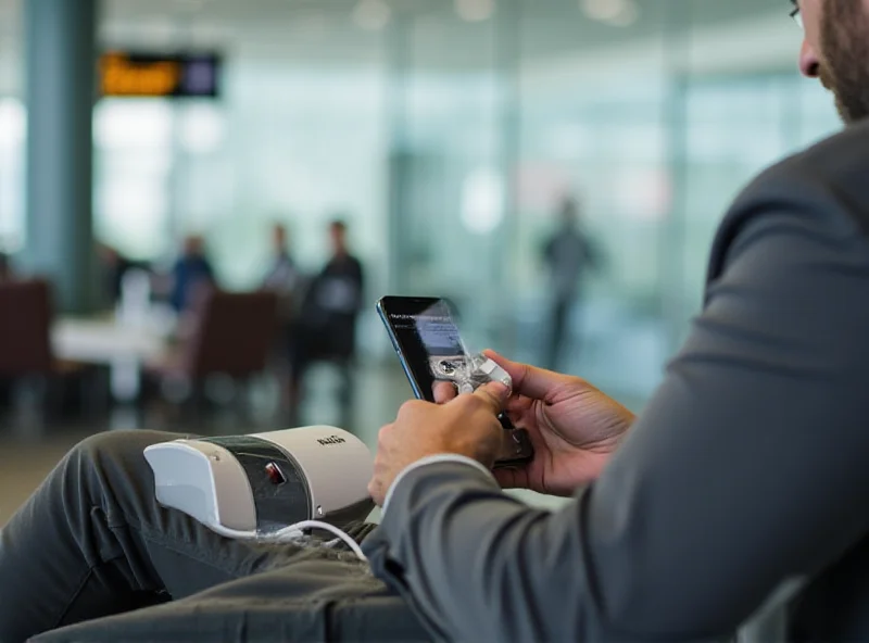 A person using the TESSAN 140W World Travel Adapter to charge their phone in an airport.