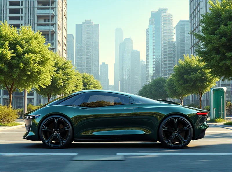 Concept rendering of a small, affordable electric car in a modern urban setting.