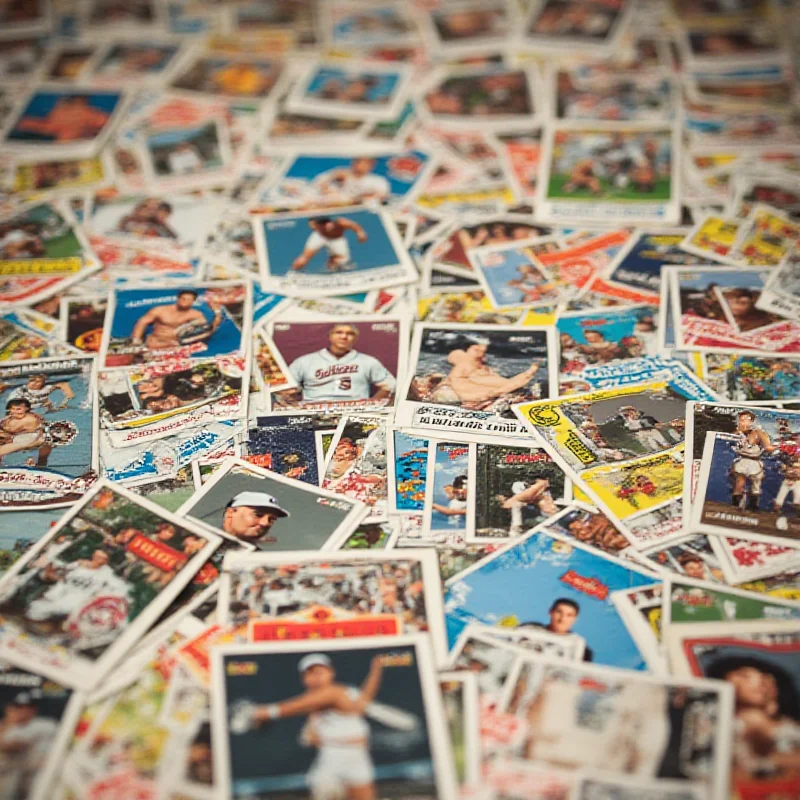 A variety of collectible trading cards arranged in a visually appealing manner, showcasing different sports and characters.