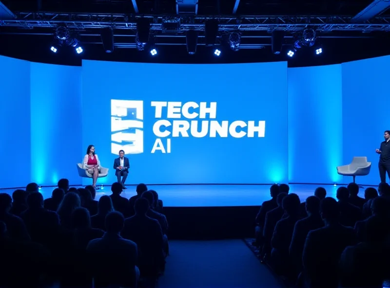 A dynamic stage setting with a large screen displaying the TechCrunch logo and the words 'Sessions: AI', with an audience seated in front.