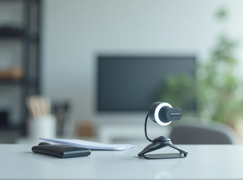 A high-quality webcam on a desk with a blurred background of a home office.