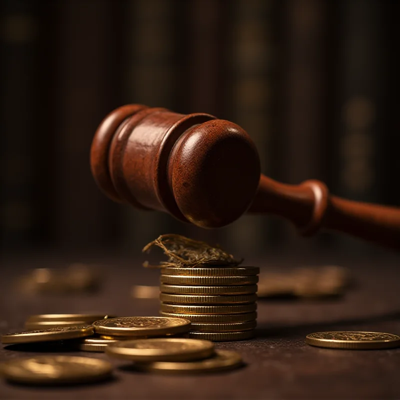 Image of a gavel coming down on a stack of cryptocurrency coins, symbolizing legal action against crypto crime.