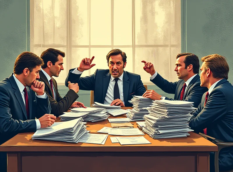 Illustration of a group of business people arguing with a bureaucratic figure sitting behind a large desk with many stacks of papers.