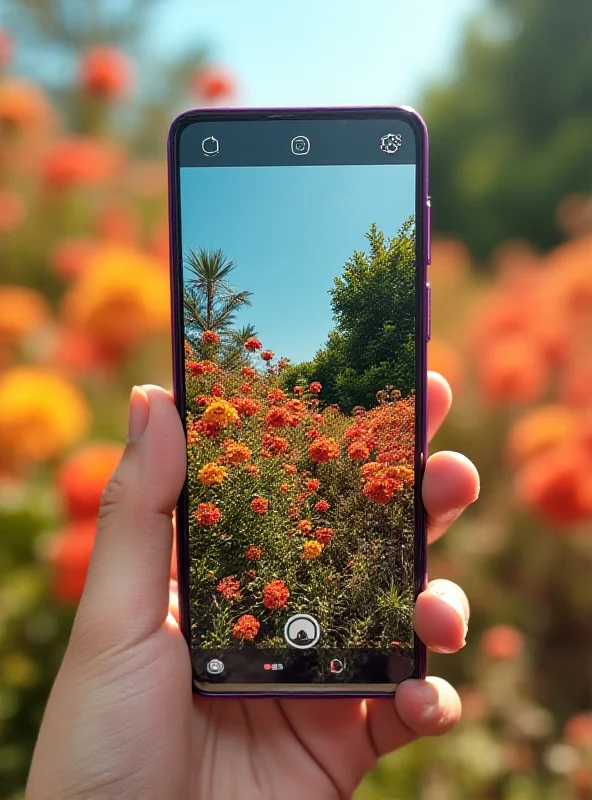 Close-up of a TECNO smartphone showcasing the SpectraVision Camera, capturing a vibrant outdoor scene.