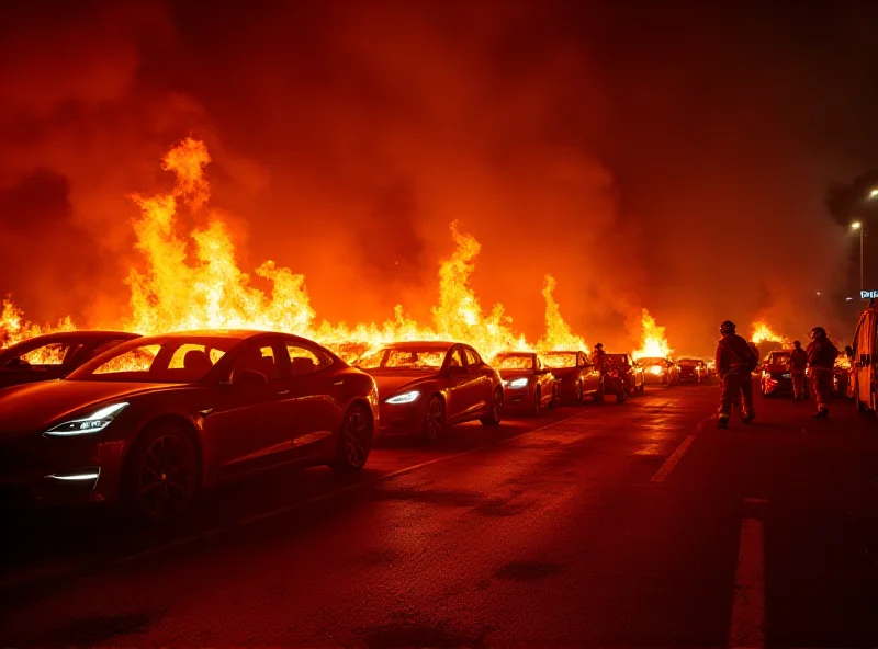 A row of Tesla cars engulfed in flames at night, with firefighters attempting to extinguish the blaze.