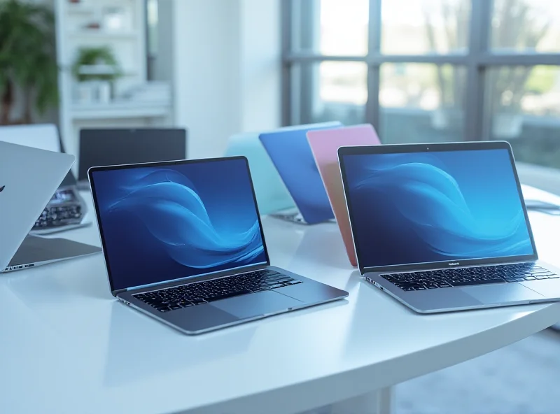 Several M4 Macbook Airs on a table, in all available colors: Silver, Midnight, Starlight and the new Sky Blue