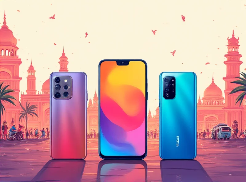 Illustration of multiple Vivo smartphones displayed against a vibrant Indian cityscape backdrop. 