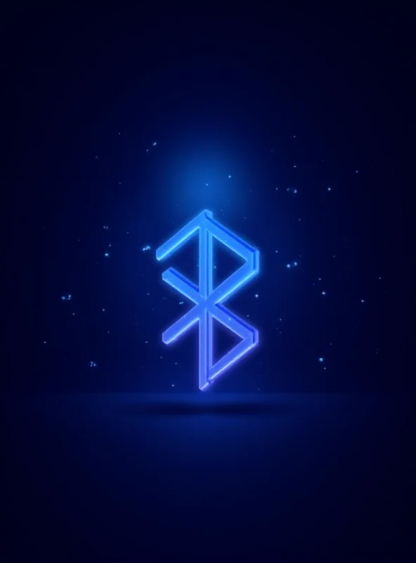 Conceptual illustration of Bluetooth 6.0 symbol with glowing lines connecting various devices like headphones, smartphones, and smartwatches, all against a dark, futuristic background.