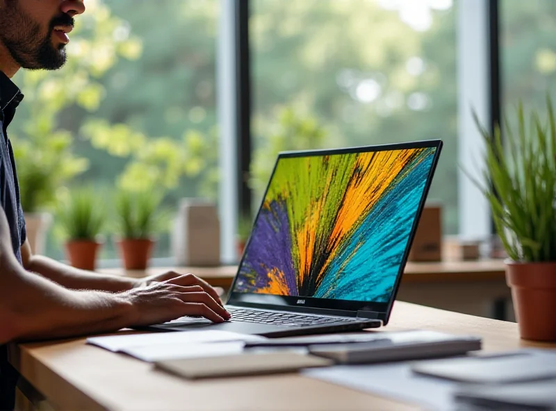 A person sitting at a modern desk, illuminated by natural light, using a sleek Acer Swift X 14 laptop. The screen displays a colorful, high-resolution image, and the person is smiling slightly, indicating satisfaction with their work.