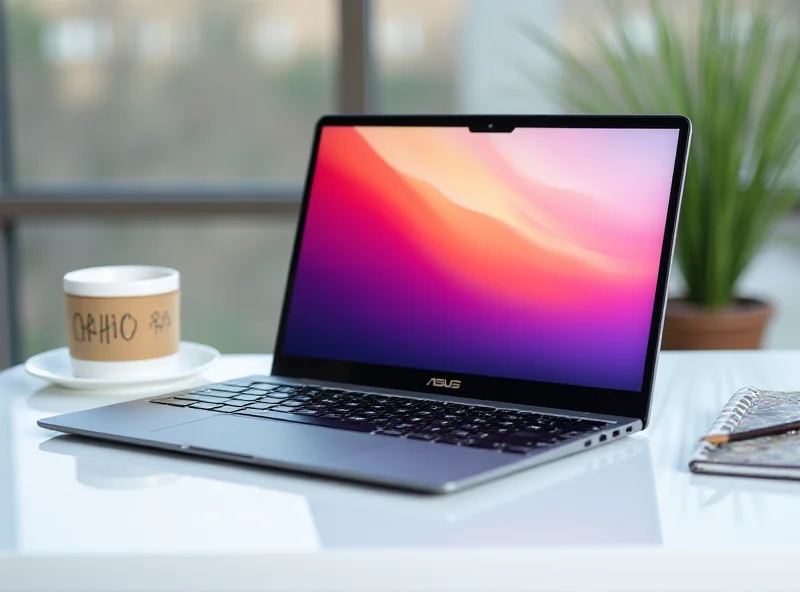 ASUS Vivobook S 14 laptop on a desk, showcasing its sleek design and vibrant display.