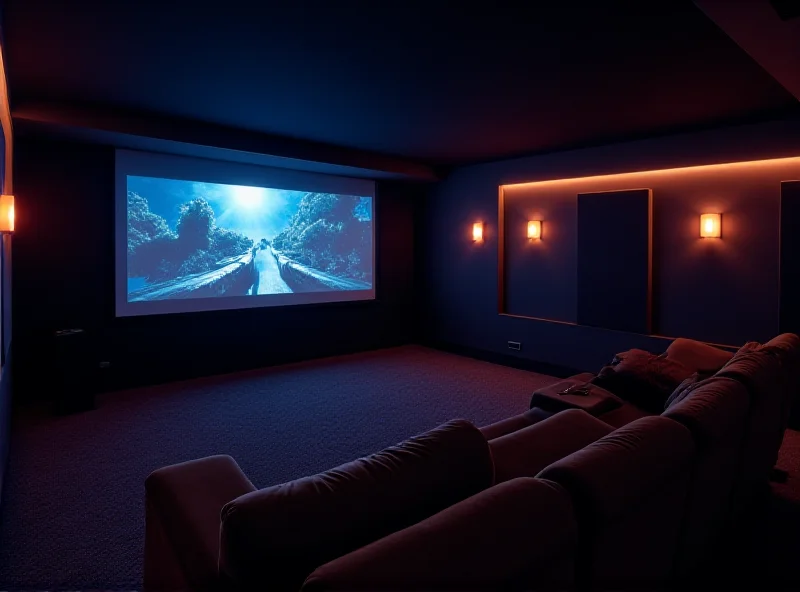 A modern home theater setup with a large projector screen displaying a vibrant movie scene in a dimly lit room.